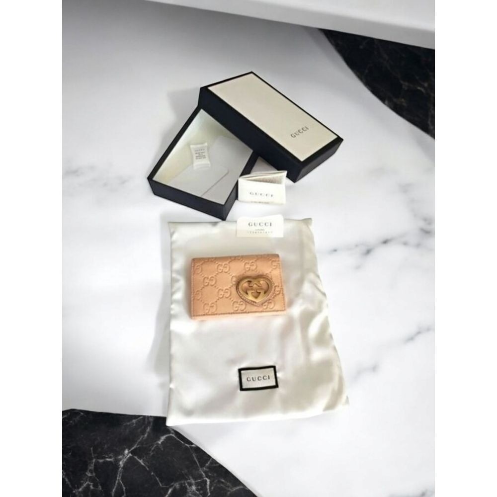 Gucci Authentic Leather Card Holder Wallet Black GG Monogram Box Dust Bag Set